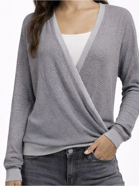 Albe Rita Taupe Criss Cross Wrap Front Surplice Waffle Thermal Top